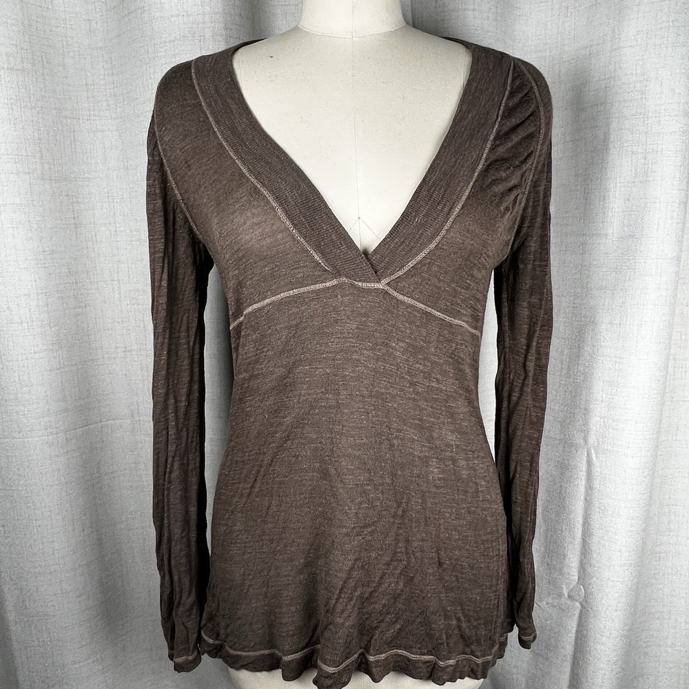 Athleta Women's Medium Brown Linen Blend V Neck Knit Bell Sleeve Lightweight Top